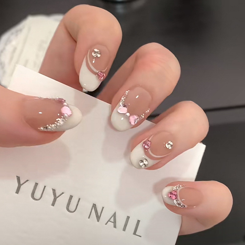 Nail Art Pink - 10 pièces blanc français rose coeur