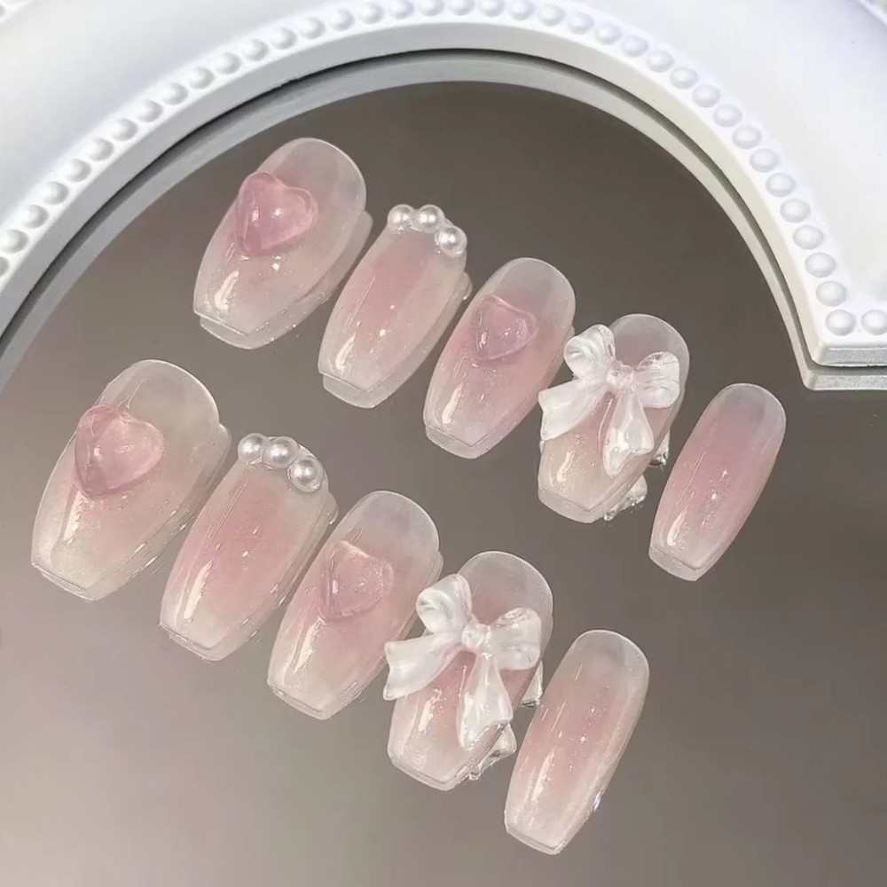 Nail Art Pink - Faux ongles courts amovibles faits main,